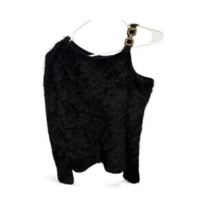Black Fuzzy One-Shoulder Top with Buckle Detail Large